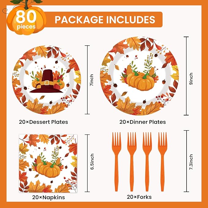 80pcs Thanksgiving Paper Plates and Napkins Forks Fall Dinner Cake Plates Autumn Leaves Pumpkin Party Decorations for Fall Thanksgiving Holiday Wedding Birthday,Serves 20