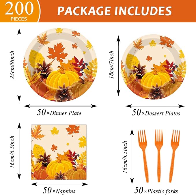 50 Guests Thanksgiving Fall Plates and Napkins Party Supplies Autumn Leaves Disposable Tableware Set Pumpkin Maple Party Decorations Favors for Fall Theme Birthday,200PCS