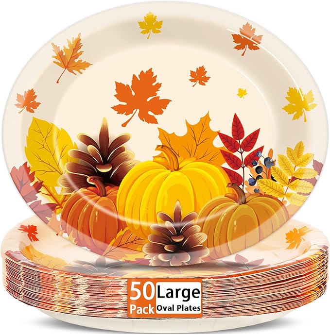 50 PCS Thanksgiving Oval Paper Plates Large 11” Disposable Thanksgiving Fall Party Decorations Heavy Duty Fall Maple Leaves Pumpkin Dessert Plates Supplies for Thanksgiving Autumn Party Tableware Set