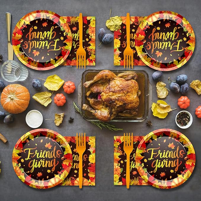 96 Pcs Friendsgiving Plates and Napkins Disposable Fall Thanksgiving Pattern Party Decorations Tableware for Autumn Harvest Friendsgiving Dinner Party Supplies