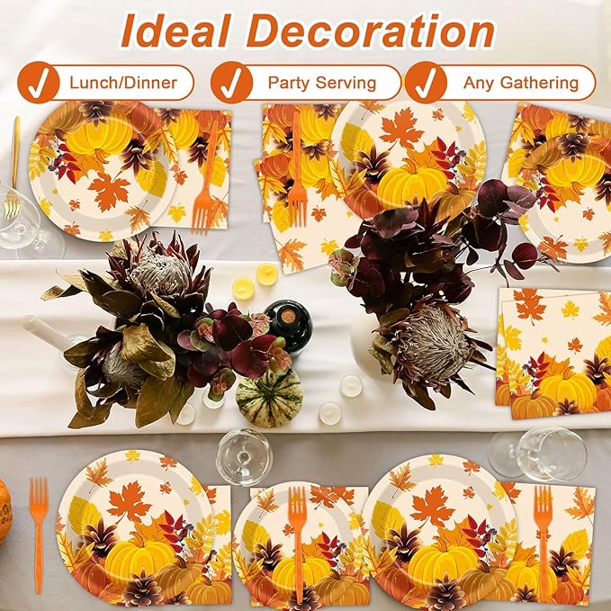 50 Guests Thanksgiving Fall Plates and Napkins Party Supplies Autumn Leaves Disposable Tableware Set Pumpkin Maple Party Decorations Favors for Fall Theme Birthday,200PCS