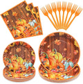 96 Pieces Thanksgiving Pumpkin Tableware Set Party Supplies - Rustic Wood Grain Disposable Dinnerware with Paper Plates, Napkins, Forks for Fall Harvest, Friendsgiving, and Thanksgiving Dinner