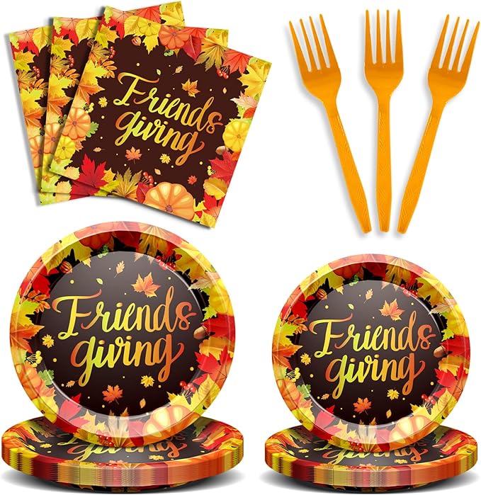 96 Pcs Friendsgiving Plates and Napkins Disposable Fall Thanksgiving Pattern Party Decorations Tableware for Autumn Harvest Friendsgiving Dinner Party Supplies