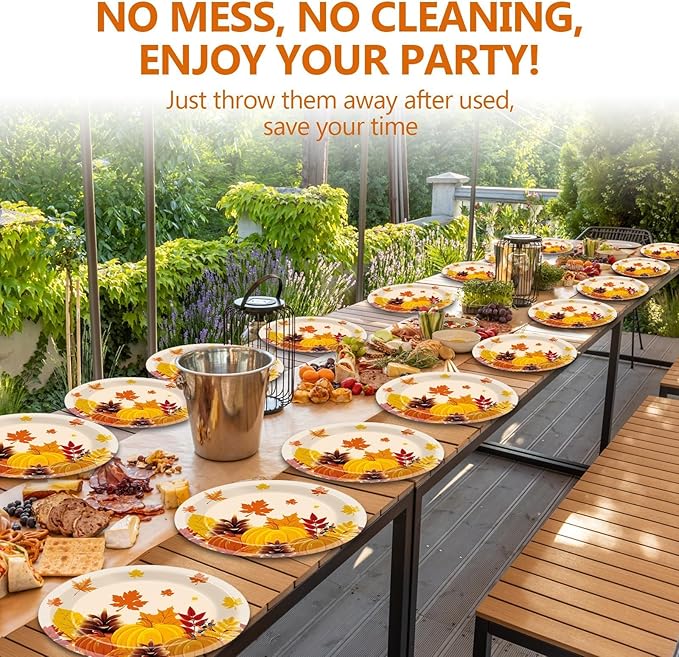 50 PCS Thanksgiving Oval Paper Plates Large 11” Disposable Thanksgiving Fall Party Decorations Heavy Duty Fall Maple Leaves Pumpkin Dessert Plates Supplies for Thanksgiving Autumn Party Tableware Set