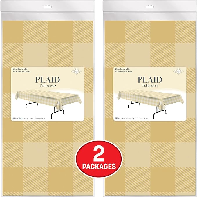 Beistle Plaid Tablecovers, 2 Pack– Plastic Rectangular Disposable Tablecloth, Beige and Tan Farmhouse Table Décor for Fall Picnics and Parties and Rustic Thanksgivings, 54” x 108”