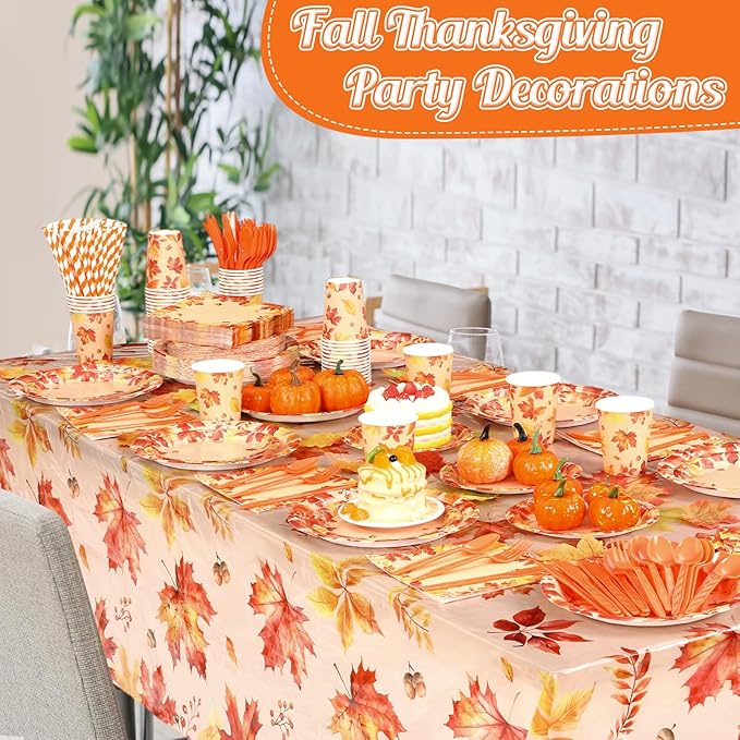 Funnymoom 452 Pcs Thanksgiving Fall Party Decorations, Maple Leaves Thanksgiving Paper Plates Napkins Cups Tablecloth Cutlery Straws for Autumn Fall Theme Birthday Holiday Party Supplies, Serves 50