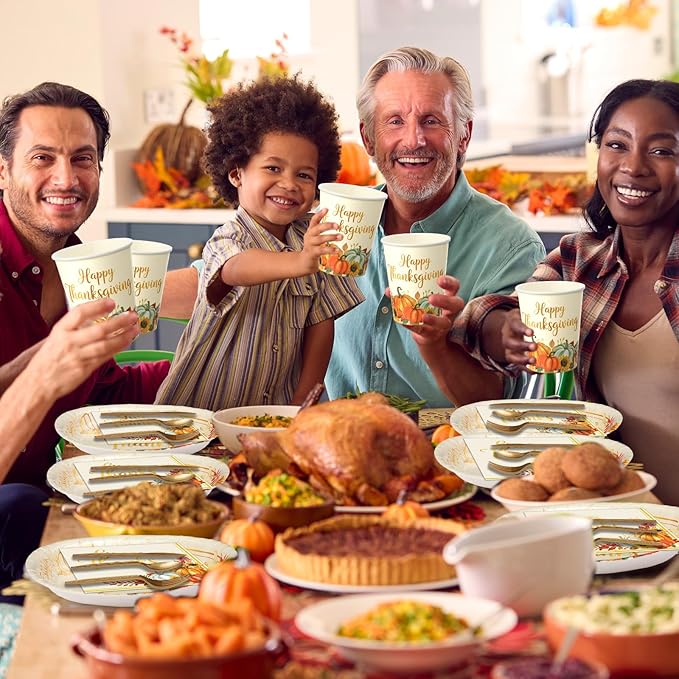 Pajean 350 Pcs Thanksgiving Oval Paper Plates Set with 12 inch Disposable Pumpkin Oval Plates Fall Harvest Heavy Duty Paper Dinnerware Set for 50 Guests Thanksgiving Fall Party Supplies(Gold)