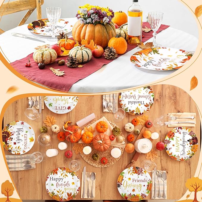 Funnymoom 60 Pcs 7 Inch Happy Friendsgiving Paper Plates Give Thanks Plates Decorations Fall Pumpkin Turkey Tableware for Autumn Harvest Thanksgiving Dinner BBQ Picnic Farmhouse Party Supplies