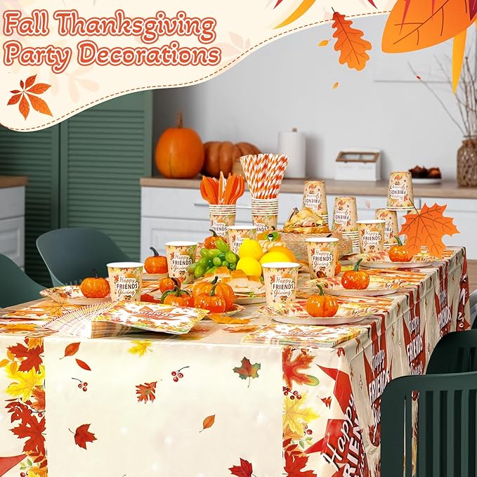 Funnymoom 452 Pcs Happy Friendsgiving Party Decoration for 50, Fall Maple Leaf Friends Giving Paper Plates Napkins Cups Tablecloth Cutlery Straws for Autumn Friendsgiving Thanksgiving Party Supplies