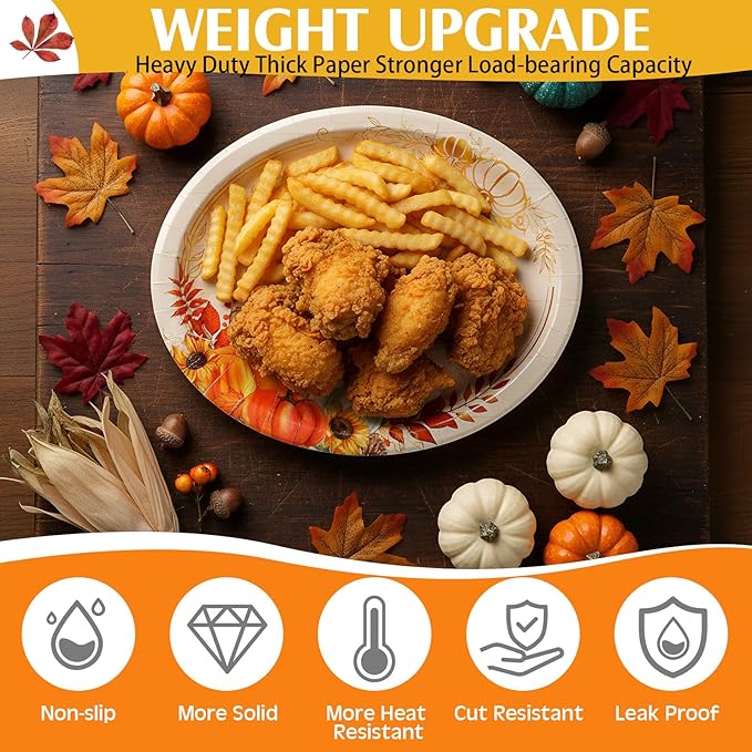 Pajean 350 Pcs Thanksgiving Oval Paper Plates Set with 12 inch Disposable Pumpkin Oval Plates Fall Harvest Heavy Duty Paper Dinnerware Set for 50 Guests Thanksgiving Fall Party Supplies(Gold)