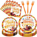 96 Pieces Happy Thanksgiving Tableware Set Party Supplies - Fall Harvest Pattern Disposable Dinnerware with Paper Plates, Napkins, Forks for Autumn and Thanksgiving Dinner BBQ Picnic Favors