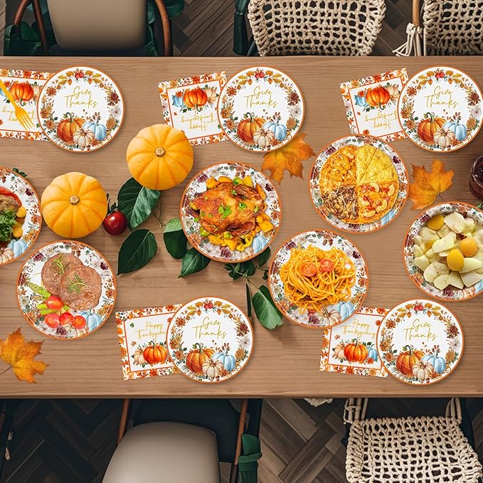 40 Pcs Happy Thanksgiving Paper Plates and Napkins Sets - Disposable Fall Thanksgiving Party Plates Napkins, Maple Leaf Pumpkin Watercolor Tableware for Thanks Giving Party Supplies Table Decorations