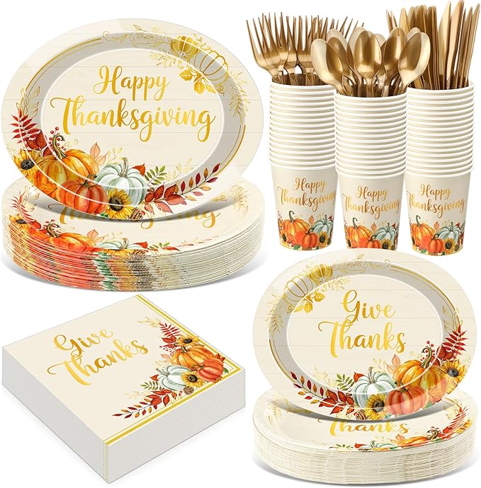 Pajean 350 Pcs Thanksgiving Oval Paper Plates Set with 12 inch Disposable Pumpkin Oval Plates Fall Harvest Heavy Duty Paper Dinnerware Set for 50 Guests Thanksgiving Fall Party Supplies(Gold)
