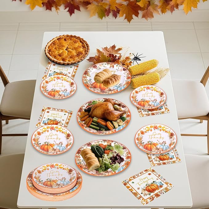 40 Pcs Happy Thanksgiving Paper Plates and Napkins Sets - Disposable Fall Thanksgiving Party Plates Napkins, Maple Leaf Pumpkin Watercolor Tableware for Thanks Giving Party Supplies Table Decorations