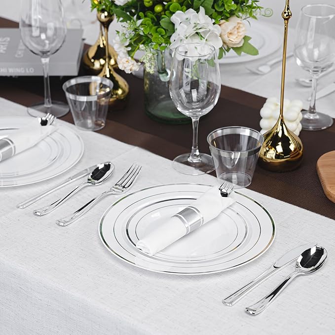350PCS Silver Plastic Plates Dinnerware Set, Thanksgiving Disposable Plates, 50 Dinner and 50 Dessert Plates, 50 Pre Rolled Napkins with Silverware and 50 Cups for Party and Wedding