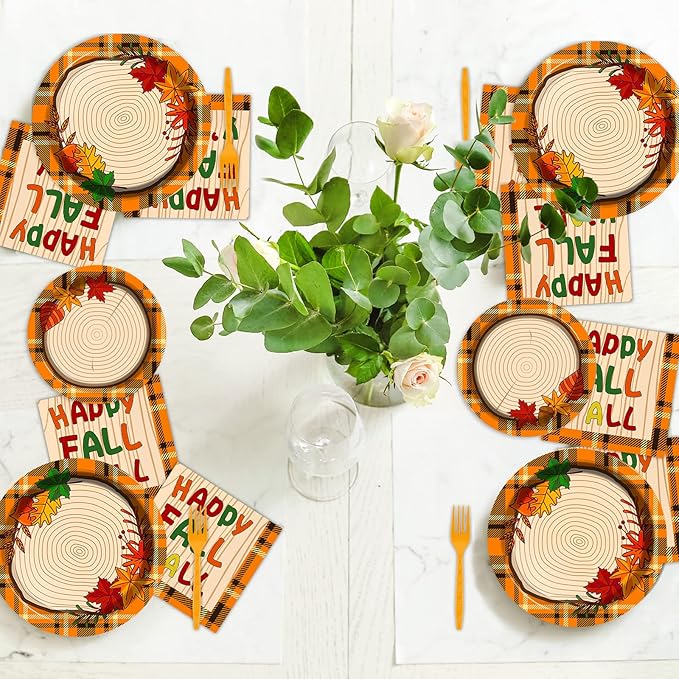 chiazllta 96 Pcs Thanksgiving Party Paper Plate and Napkins Fall Tableware Kit Disposable Plates Napkins Set Thanksgiving Plaid Decorations Paper Plates Napkins Forks for Party Favors 24 Guests