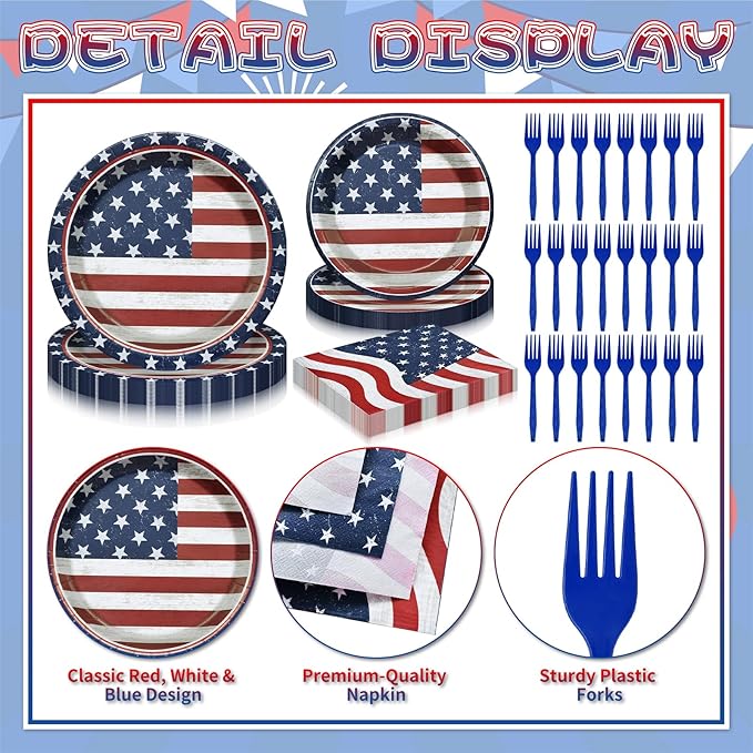 96 Pieces Patriotic Tableware Set ??Vintage American Flag Disposable Dinnerware with Paper Plates, Napkins, Cups, Forks for Fourth of July, Memorial Day, Veterans Day Celebrations, Serves 24 Guests