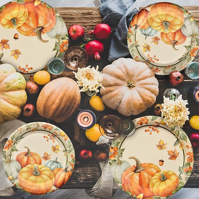 96 Pcs Thanksgiving Pumpkin Tableware Set – Disposable Fall Harvest Dinnerware with Rustic Paper Plates, Napkins, and Orange Forks for Thanksgiving Dinner, Friendsgiving, and Autumn Party – Serves 24