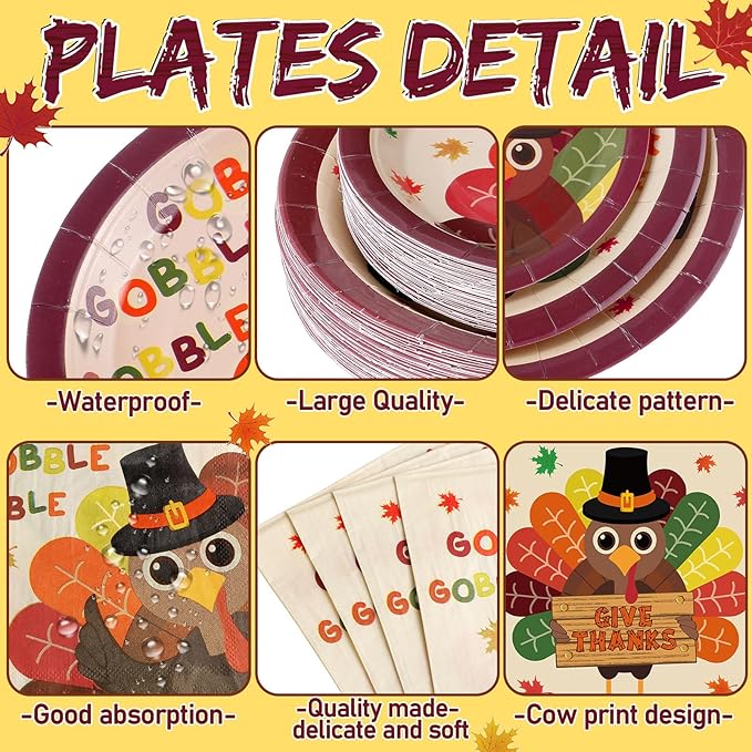 Potchen 452 Pcs Party Supplies Serve 50 Guests, Paper Plates Napkins Cups Cutlery Plastic Tablecloth Dinnerware for Birthday Wedding Party Decoration (Orange Maroon, Thanksgiving Turkey)
