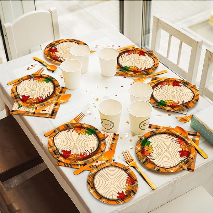 chiazllta 96 Pcs Thanksgiving Party Paper Plate and Napkins Fall Tableware Kit Disposable Plates Napkins Set Thanksgiving Plaid Decorations Paper Plates Napkins Forks for Party Favors 24 Guests