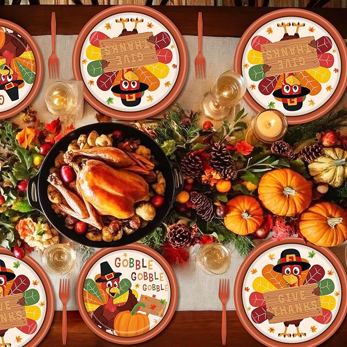 100 Pcs Thanksgiving Turkey Tableware Party Supplies – Disposable Fall Dinnerware Set with Paper Plates, Napkins, and Forks for Autumn Celebrations, Friendsgiving, and Thanksgiving Dinner – Serves 25