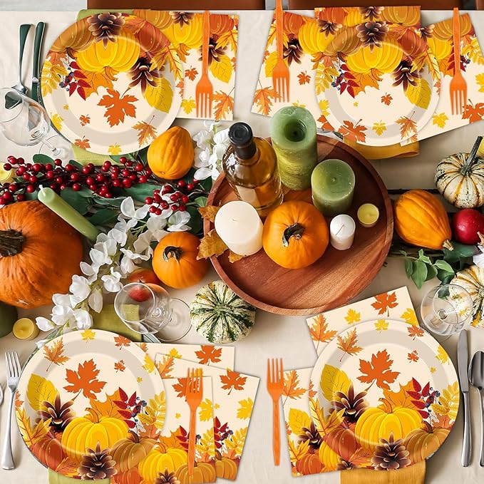 50 Guests Thanksgiving Fall Plates and Napkins Party Supplies Autumn Leaves Disposable Tableware Set Pumpkin Maple Party Decorations Favors for Fall Theme Birthday,200PCS