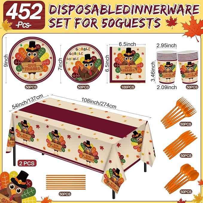 Potchen 452 Pcs Party Supplies Serve 50 Guests, Paper Plates Napkins Cups Cutlery Plastic Tablecloth Dinnerware for Birthday Wedding Party Decoration (Orange Maroon, Thanksgiving Turkey)