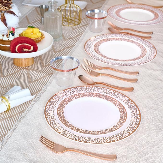 150 Count Rose Gold Dinnerware Set, Elegant Disposable Include: 25 Gold Lace Plastic Plates, 25 Dessert Plates, 25 Forks, 25 Knives, 25 Spoons, 25 Cups for Party, Thanksgiving