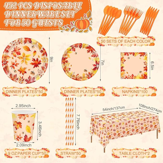 Funnymoom 452 Pcs Thanksgiving Fall Party Decorations, Maple Leaves Thanksgiving Paper Plates Napkins Cups Tablecloth Cutlery Straws for Autumn Fall Theme Birthday Holiday Party Supplies, Serves 50