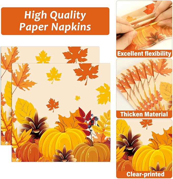 50 Guests Thanksgiving Fall Plates and Napkins Party Supplies Autumn Leaves Disposable Tableware Set Pumpkin Maple Party Decorations Favors for Fall Theme Birthday,200PCS