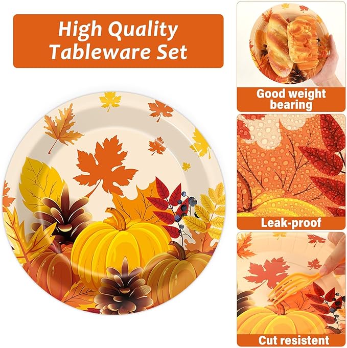 50 Guests Thanksgiving Fall Plates and Napkins Party Supplies Autumn Leaves Disposable Tableware Set Pumpkin Maple Party Decorations Favors for Fall Theme Birthday,200PCS