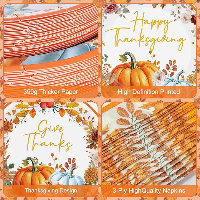 40 Pcs Happy Thanksgiving Paper Plates and Napkins Sets - Disposable Fall Thanksgiving Party Plates Napkins, Maple Leaf Pumpkin Watercolor Tableware for Thanks Giving Party Supplies Table Decorations