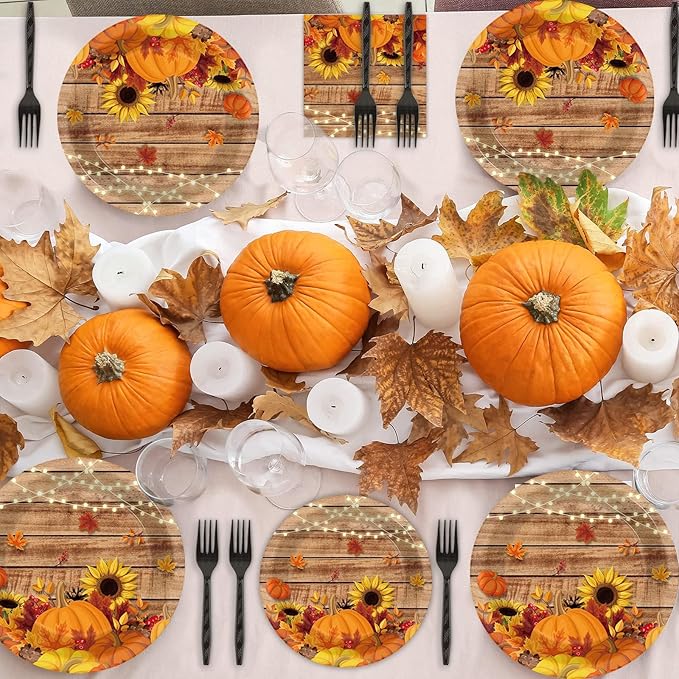 chiazllta 96 Pcs Fall Party Paper Plates and Napkins Thanksgiving Party Tableware Set Table Decorations for Fall Autumn Birthday Party Supplies 24 Guests