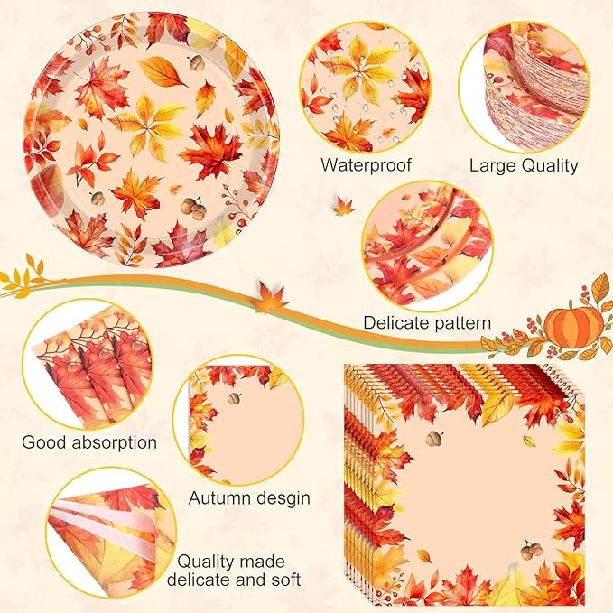 Funnymoom 452 Pcs Thanksgiving Fall Party Decorations, Maple Leaves Thanksgiving Paper Plates Napkins Cups Tablecloth Cutlery Straws for Autumn Fall Theme Birthday Holiday Party Supplies, Serves 50