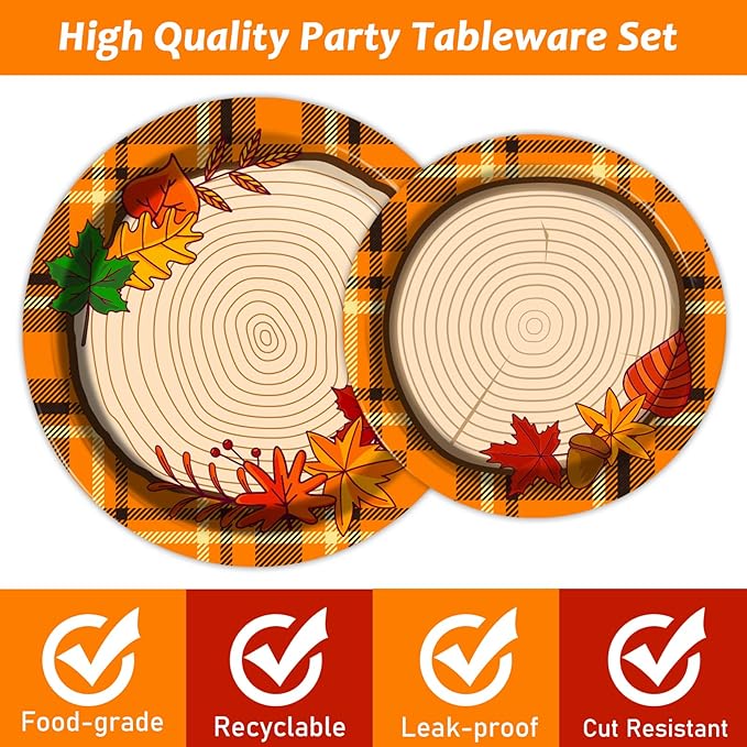 chiazllta 96 Pcs Thanksgiving Party Paper Plate and Napkins Fall Tableware Kit Disposable Plates Napkins Set Thanksgiving Plaid Decorations Paper Plates Napkins Forks for Party Favors 24 Guests