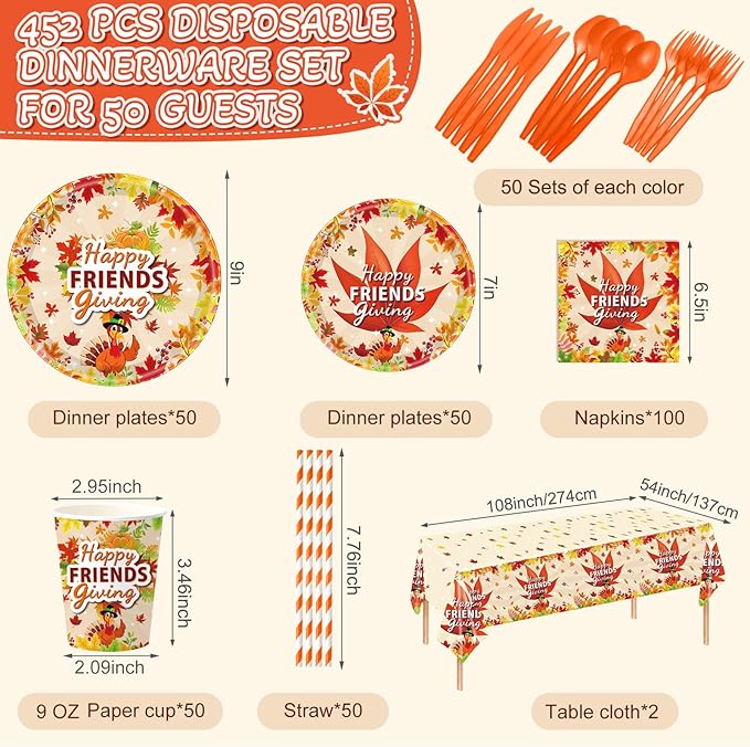 Funnymoom 452 Pcs Happy Friendsgiving Party Decoration for 50, Fall Maple Leaf Friends Giving Paper Plates Napkins Cups Tablecloth Cutlery Straws for Autumn Friendsgiving Thanksgiving Party Supplies
