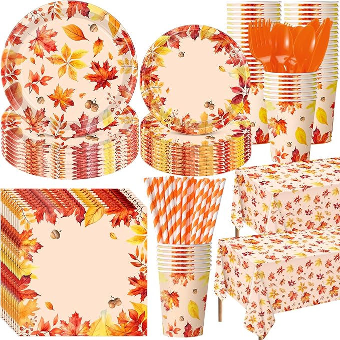 Funnymoom 452 Pcs Thanksgiving Fall Party Decorations, Maple Leaves Thanksgiving Paper Plates Napkins Cups Tablecloth Cutlery Straws for Autumn Fall Theme Birthday Holiday Party Supplies, Serves 50