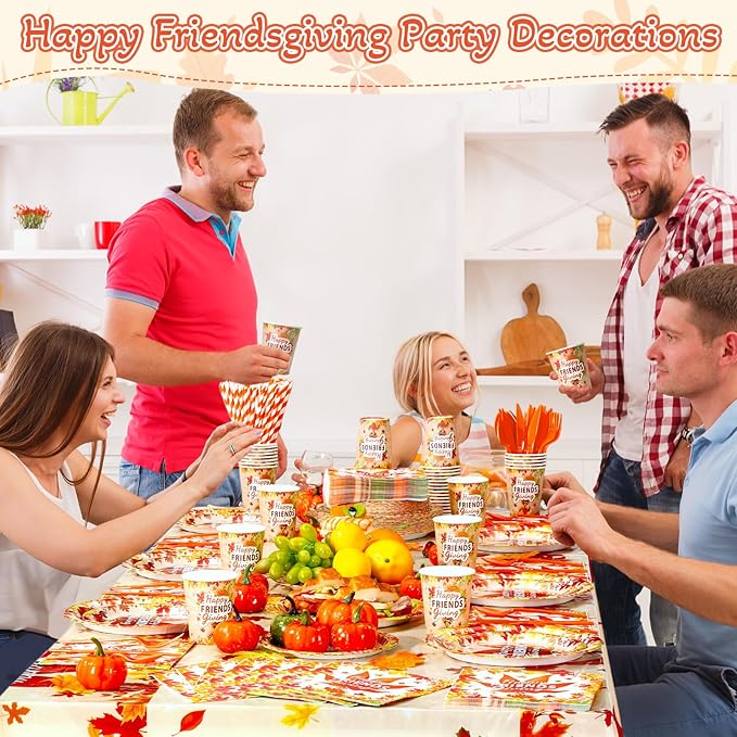 Funnymoom 452 Pcs Happy Friendsgiving Party Decoration for 50, Fall Maple Leaf Friends Giving Paper Plates Napkins Cups Tablecloth Cutlery Straws for Autumn Friendsgiving Thanksgiving Party Supplies