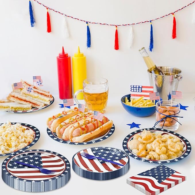 96 Pieces Patriotic Tableware Set ??Vintage American Flag Disposable Dinnerware with Paper Plates, Napkins, Cups, Forks for Fourth of July, Memorial Day, Veterans Day Celebrations, Serves 24 Guests