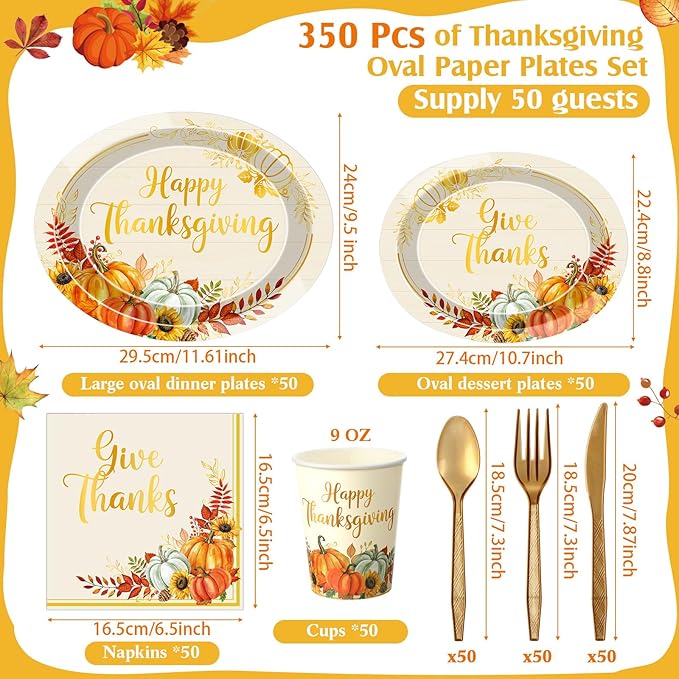 Pajean 350 Pcs Thanksgiving Oval Paper Plates Set with 12 inch Disposable Pumpkin Oval Plates Fall Harvest Heavy Duty Paper Dinnerware Set for 50 Guests Thanksgiving Fall Party Supplies(Gold)