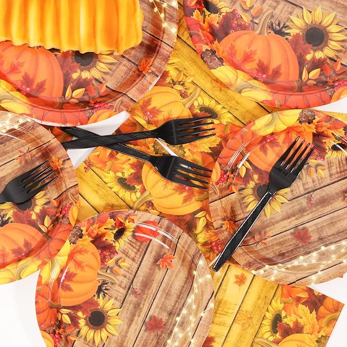 chiazllta 96 Pcs Fall Party Paper Plates and Napkins Thanksgiving Party Tableware Set Table Decorations for Fall Autumn Birthday Party Supplies 24 Guests