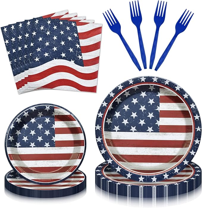 96 Pieces Patriotic Tableware Set ??Vintage American Flag Disposable Dinnerware with Paper Plates, Napkins, Cups, Forks for Fourth of July, Memorial Day, Veterans Day Celebrations, Serves 24 Guests