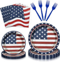 96 Pieces Patriotic Tableware Set ??Vintage American Flag Disposable Dinnerware with Paper Plates, Napkins, Cups, Forks for Fourth of July, Memorial Day, Veterans Day Celebrations, Serves 24 Guests