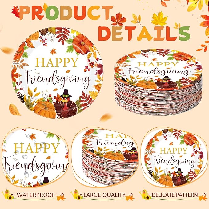 Funnymoom 60 Pcs 7 Inch Happy Friendsgiving Paper Plates Give Thanks Plates Decorations Fall Pumpkin Turkey Tableware for Autumn Harvest Thanksgiving Dinner BBQ Picnic Farmhouse Party Supplies