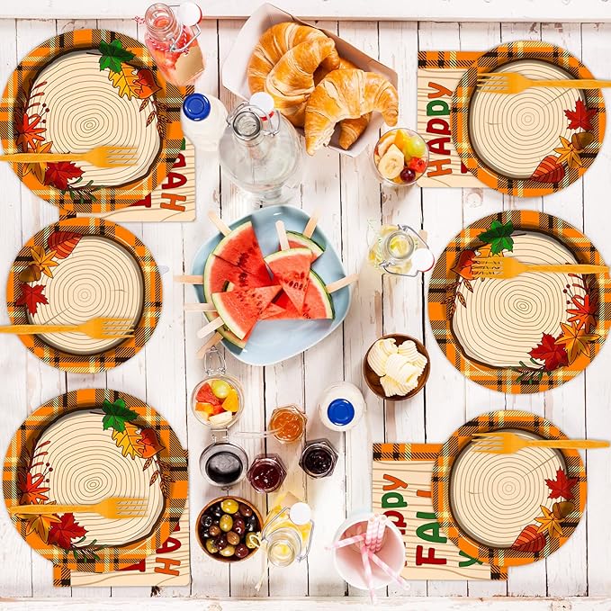 chiazllta 96 Pcs Thanksgiving Party Paper Plate and Napkins Fall Tableware Kit Disposable Plates Napkins Set Thanksgiving Plaid Decorations Paper Plates Napkins Forks for Party Favors 24 Guests