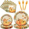 96 Pcs Thanksgiving Pumpkin Tableware Set – Disposable Fall Harvest Dinnerware with Rustic Paper Plates, Napkins, and Orange Forks for Thanksgiving Dinner, Friendsgiving, and Autumn Party – Serves 24