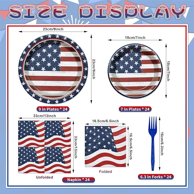 96 Pieces Patriotic Tableware Set ??Vintage American Flag Disposable Dinnerware with Paper Plates, Napkins, Cups, Forks for Fourth of July, Memorial Day, Veterans Day Celebrations, Serves 24 Guests
