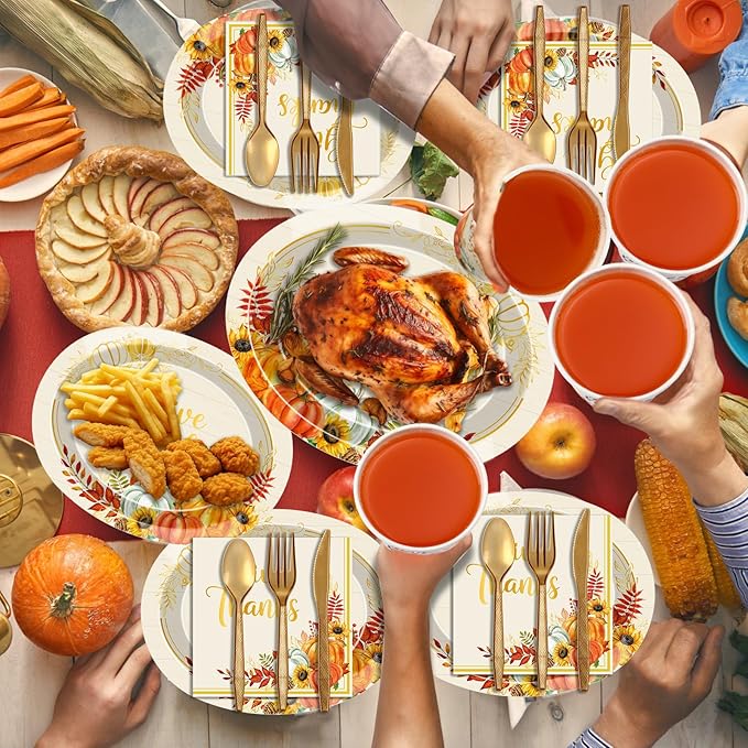 Pajean 350 Pcs Thanksgiving Oval Paper Plates Set with 12 inch Disposable Pumpkin Oval Plates Fall Harvest Heavy Duty Paper Dinnerware Set for 50 Guests Thanksgiving Fall Party Supplies(Gold)