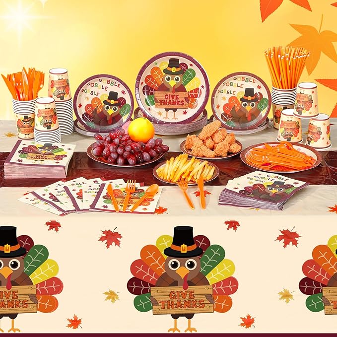 Potchen 452 Pcs Party Supplies Serve 50 Guests, Paper Plates Napkins Cups Cutlery Plastic Tablecloth Dinnerware for Birthday Wedding Party Decoration (Orange Maroon, Thanksgiving Turkey)