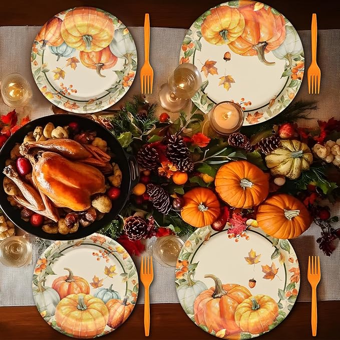 96 Pcs Thanksgiving Pumpkin Tableware Set – Disposable Fall Harvest Dinnerware with Rustic Paper Plates, Napkins, and Orange Forks for Thanksgiving Dinner, Friendsgiving, and Autumn Party – Serves 24